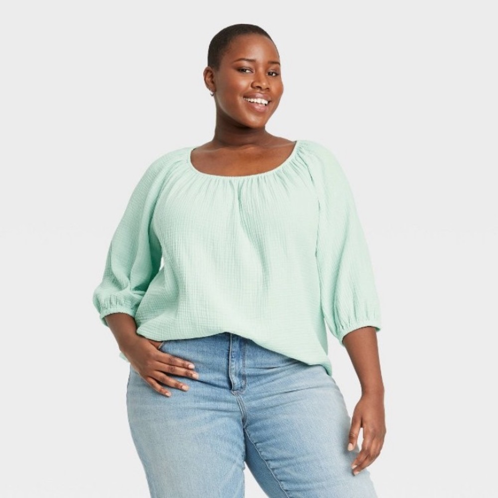 Plus 3X Ava & Viv 3/4 Sleeve Blouse- MINT
